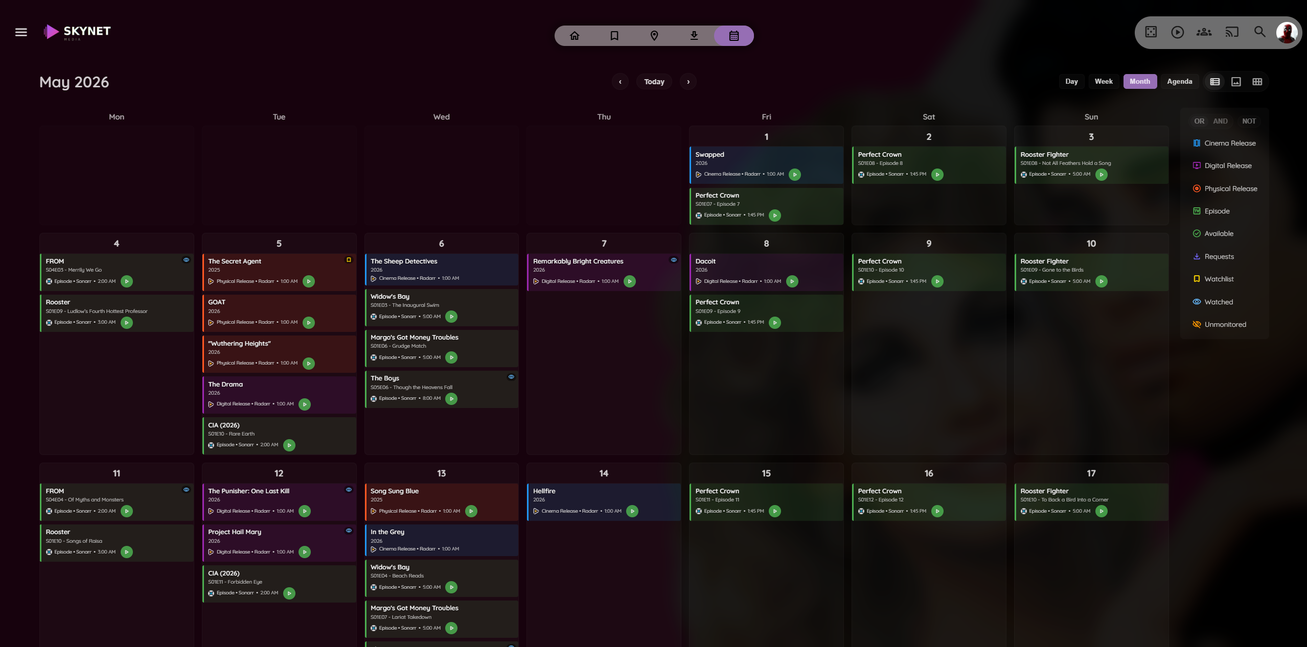 Calendar page showing upcoming Sonarr and Radarr releases