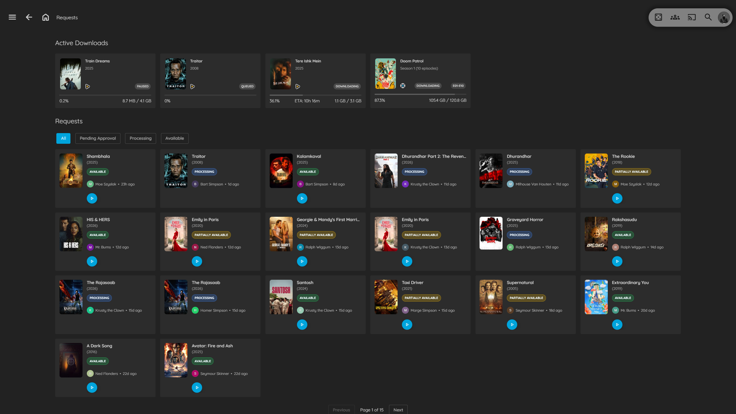 Downloads page showing active Sonarr/Radarr queue