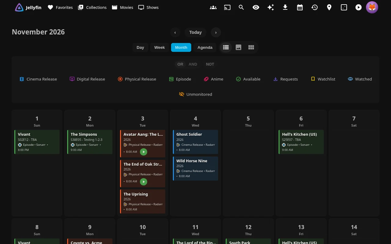 Calendar page showing upcoming Sonarr and Radarr releases