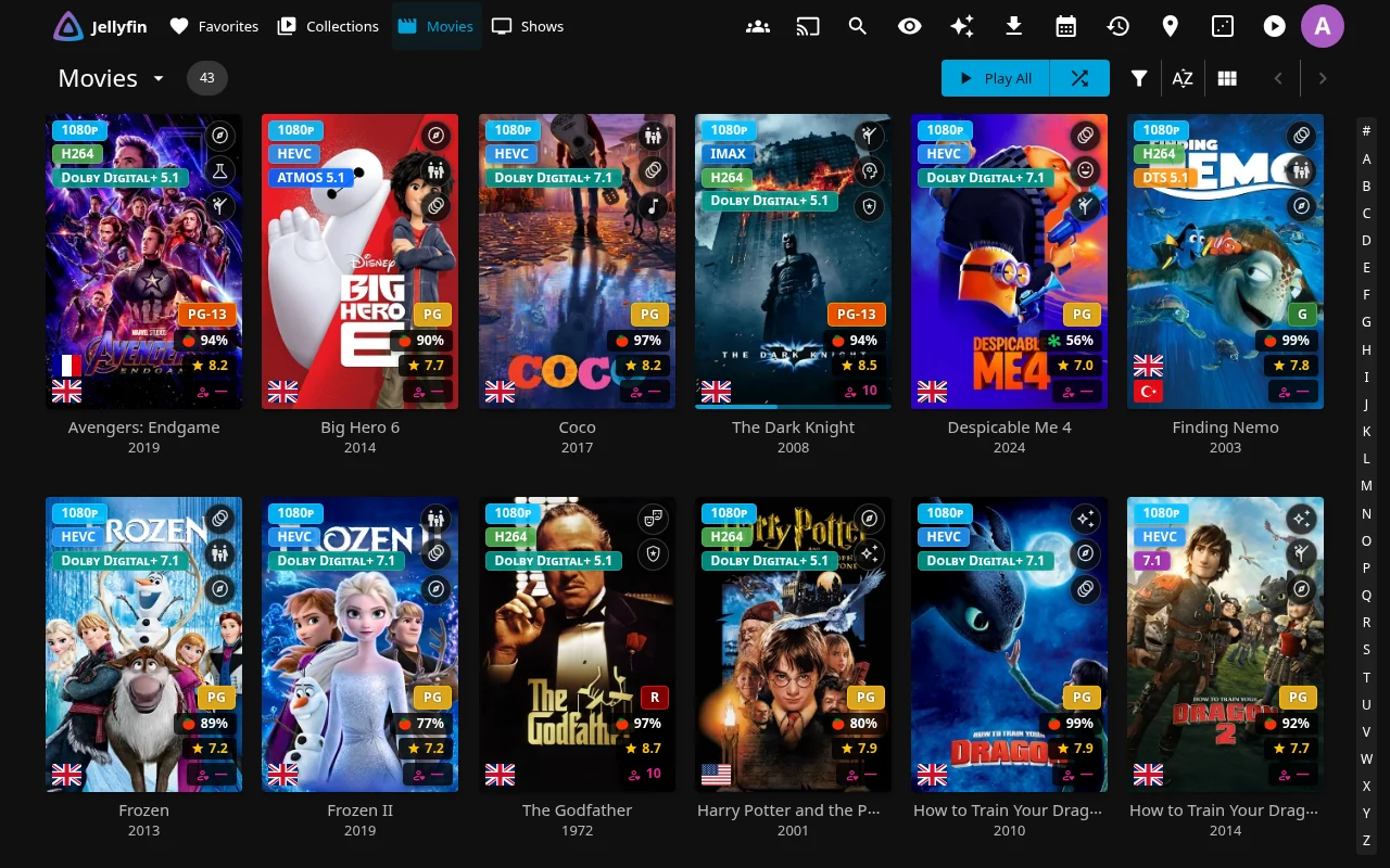 Quality, genre, language, age rating and score badges on posters