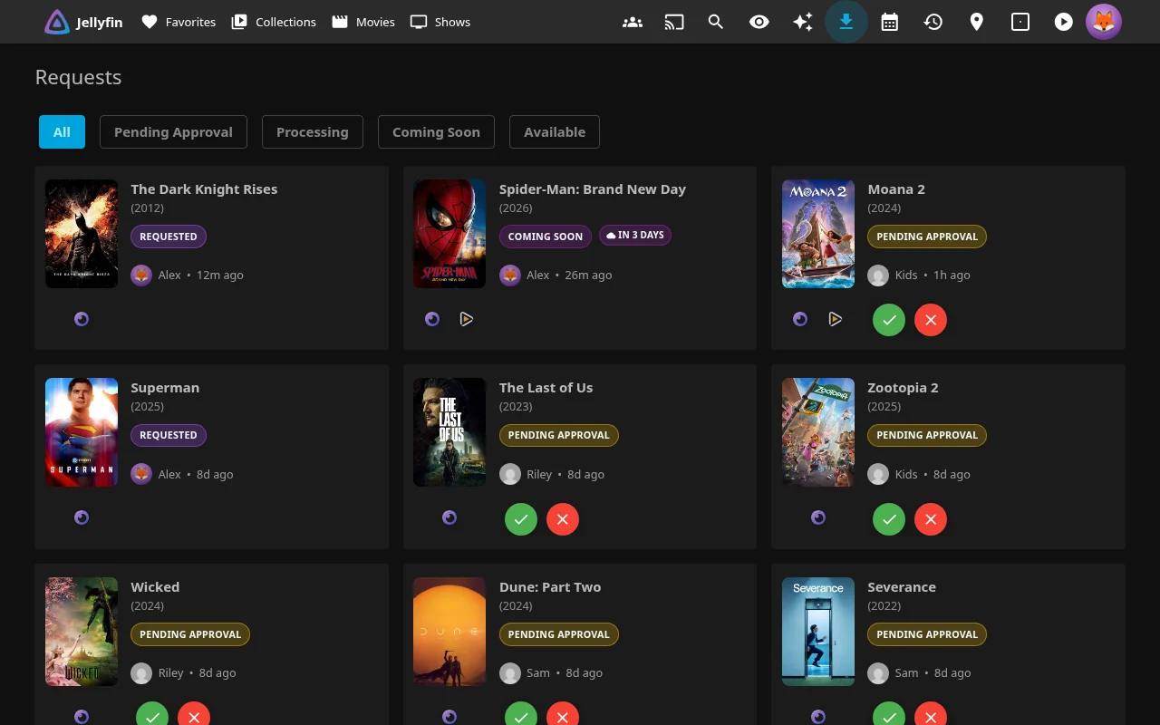 Seerr requests page showing pending, approved, and available requests